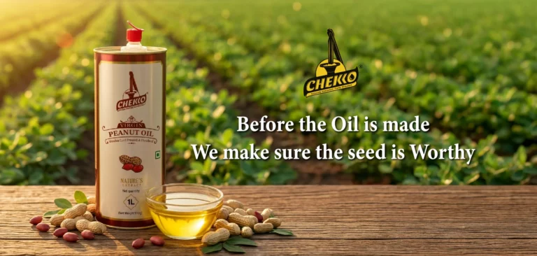Chekko cold pressed peanut oil placed in the groundnut farm